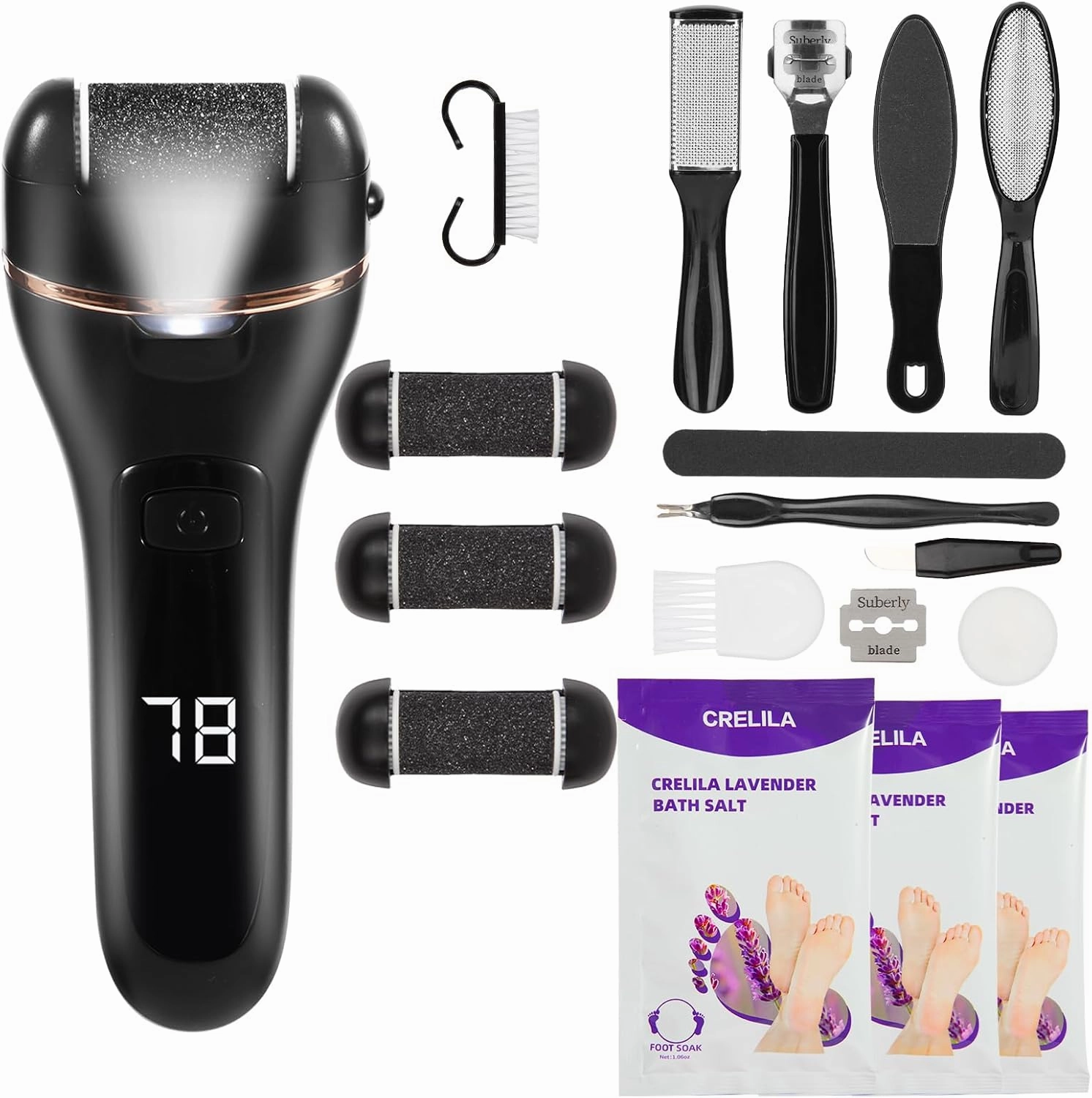 Electric Foot Callus Remover &Lavender Foot Soak Salts Set,Foot Care & Callus Remover Pedicure Set Includes 17 in 1 Foot Care Tools,Foot File for Dead Skin,Professional Pedicure Tools