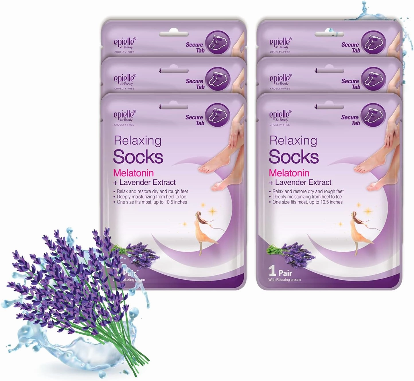 Epielle Relaxing Foot Masks, 6 Pairs Deep Moisturizing Socks with Melatonin & Lavender Extract, Relax and Restore Dry and Rough Feet, Korean Skincare