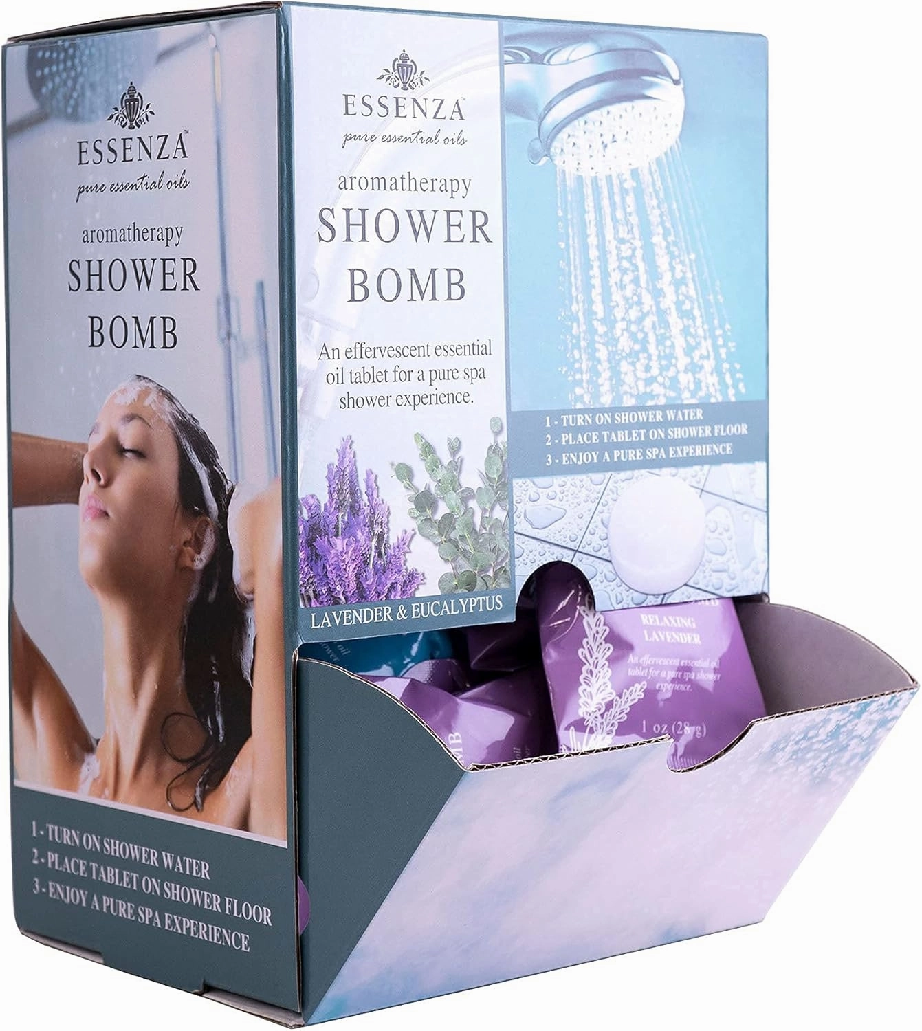 Essenza Shower Bombs 14pc Bin - Revitalizing Eucalyptus & Relaxing Lavender Aromatherapy Luxury Shower Bombs - Height 8.125” Width 5.5” Depth 4.125” Weight 1.31 Lbs - 14 Pc Collection
