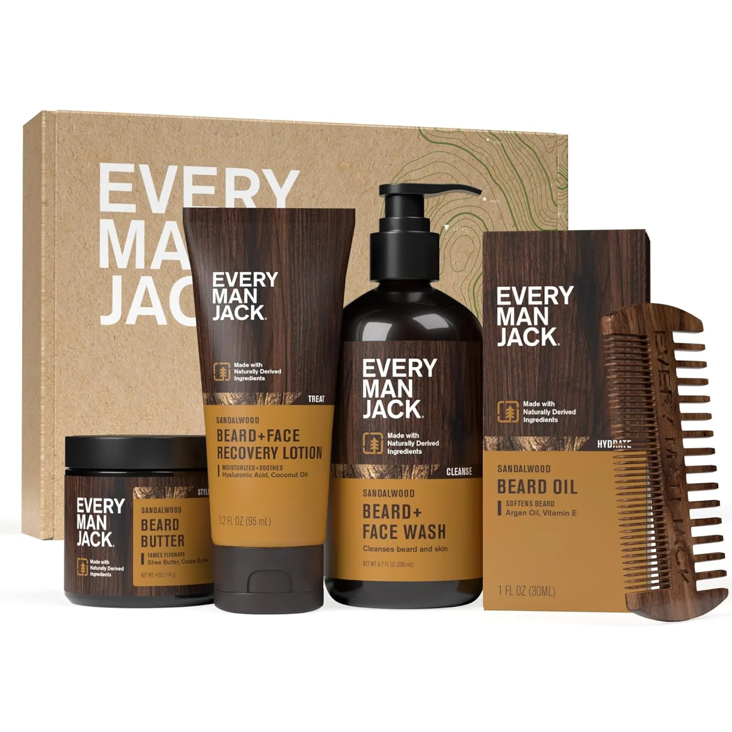 Every Man Jack Mens Sandalwood Beard Set - 5 Full-Sized Grooming Essentials For a Complete Routine - Beard   Face Wash, Beard   Face Lotion, Hydrating Beard Oil, Beard Butter, and Beard Comb