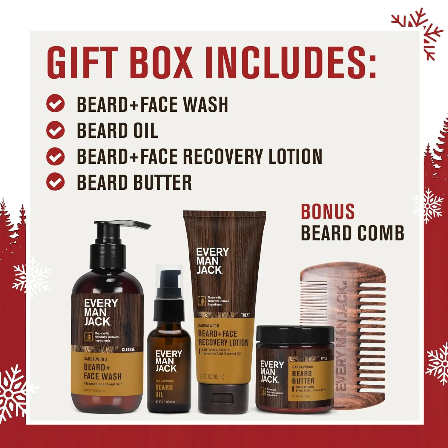 Every Man Jack Mens Sandalwood Beard Set - 5 Full-Sized Grooming Essentials For a Complete Routine - Beard   Face Wash, Beard   Face Lotion, Hydrating Beard Oil, Beard Butter, and Beard Comb