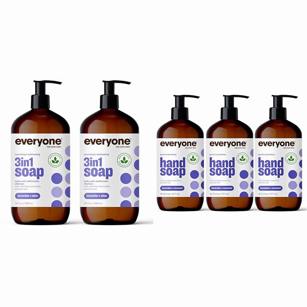 Everyone 3-in-1 Soap, Body Wash, Bubble Bath, Shampoo, 32 Ounce (Pack of 2), Lavender and Aloe & Liquid Hand Soap, 12.75 Ounce (Pack of 3), Lavender and Coconut, Plant-Based Cleanser