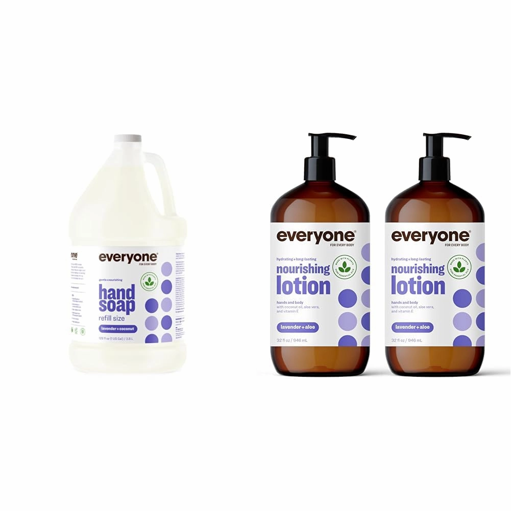 Everyone Liquid Hand Soap Refill & Nourishing Hand and Body Lotion, 32 Ounce (Pack of 2), Lavender and Aloe, Plant-Based Lotion with Pure Essential Oils, Coconut Oil, Aloe Vera and Vitamin E
