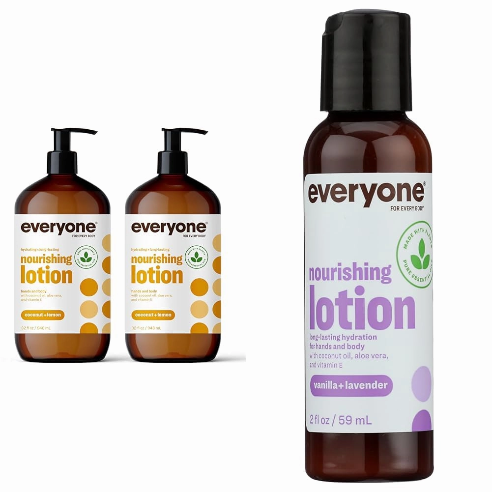 Everyone Nourishing Hand and Body Lotion, 32 Ounce (Pack of 2), Coconut and Lemon for Every Body Nourishing Lotion Travel Size: Vanilla and Lavender, 2 Ounce