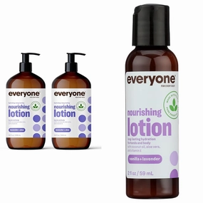 Everyone Nourishing Hand and Body Lotion, 32 Ounce (Pack of 2), Lavender and Aloe for Every Body Nourishing Lotion Travel Size: Vanilla and Lavender, 2 Ounce
