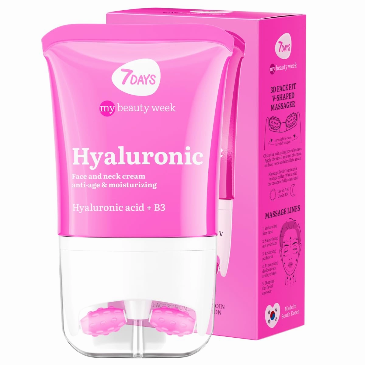 Face Hydrating Cream with Hyaluronic Acid - Korean Skincare Face Moisturizer - Face and Neck Firming Cream for Women with Vitamin C - Anti Puffiness Skin Tightening Roller Massager, 80ml