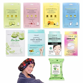 Face Mask Gift Set -10 Items- Cala Collagen, Cucumber, Aloe Vera, Vitamin C, and Hyaluronic Acid Face Masks, Eye Patches, and Foot Masks. Includes Gift Bag and Custom Shower Cap.