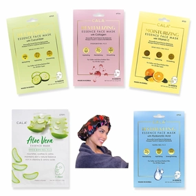 Face Mask Gift Set - 6 Items - Incldues Cala Collagen, Cucumber, Aloe Vera, Vitamin C, and Hyaluronic Acid Face Masks. Includes Gift Bag and Custom Shower Cap, Korean Face Sheet Variety Set