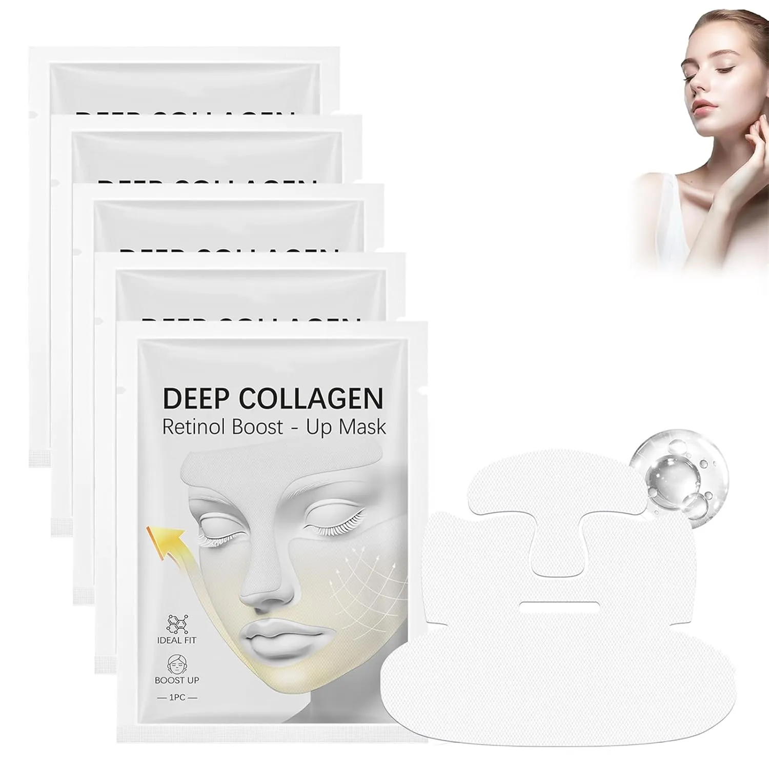 Facelift Collagen Mask - Korea's Face Waist Trainer, 3-In-1 Bluile Retinol Lift-Up Mask With Chin Strap, Korean Facelift Collagen Mask for Firming & Lifting Anti-Aging (5Pcs)