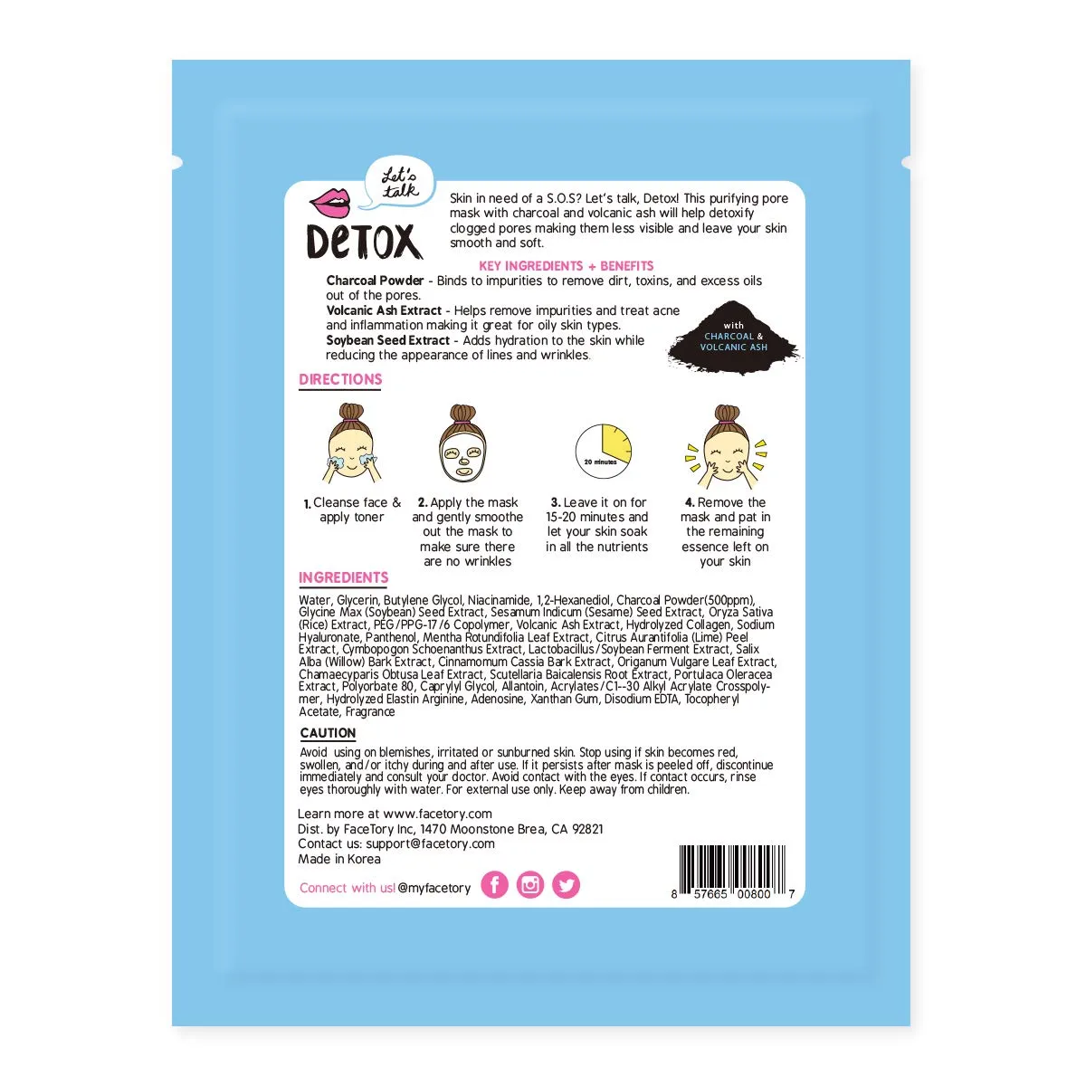 FACETORY K Beauty Face Mask Skin Care - LET'S TALK DETOX PURIFYING Sheet Mask with Charcoal & Volcanic Ash | Pore Refining Charcoal Face Mask (10 Pack)