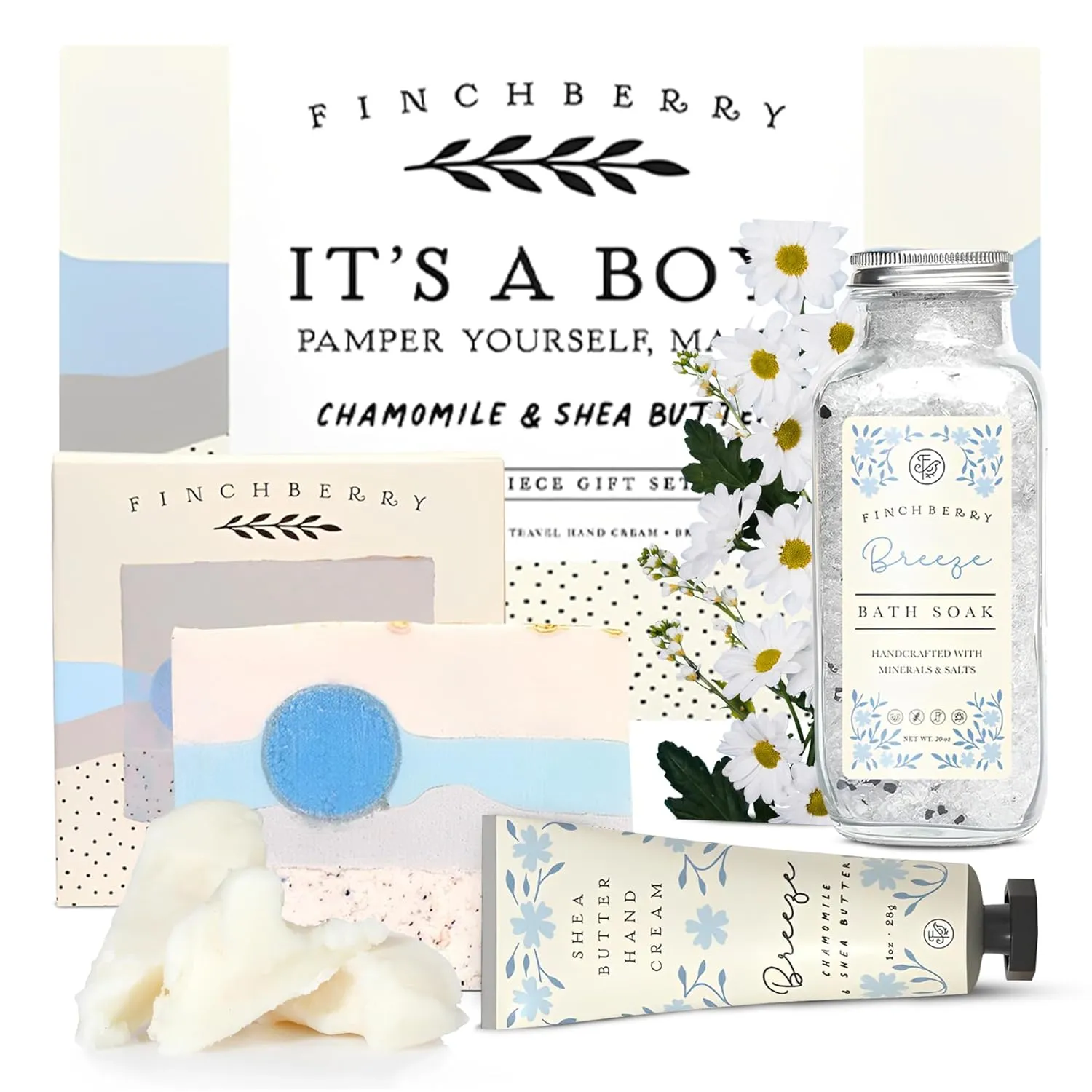 FinchBerry 3-Piece Gift Set – It’s A Boy! Baby Boy Shower Gift, New Mom Care Package & First-Time Mom Gifts! Includes Handmade Shea Butter Soap (4.5oz), Bath Soak (20oz) & Nourishing Hand Cream (1oz)