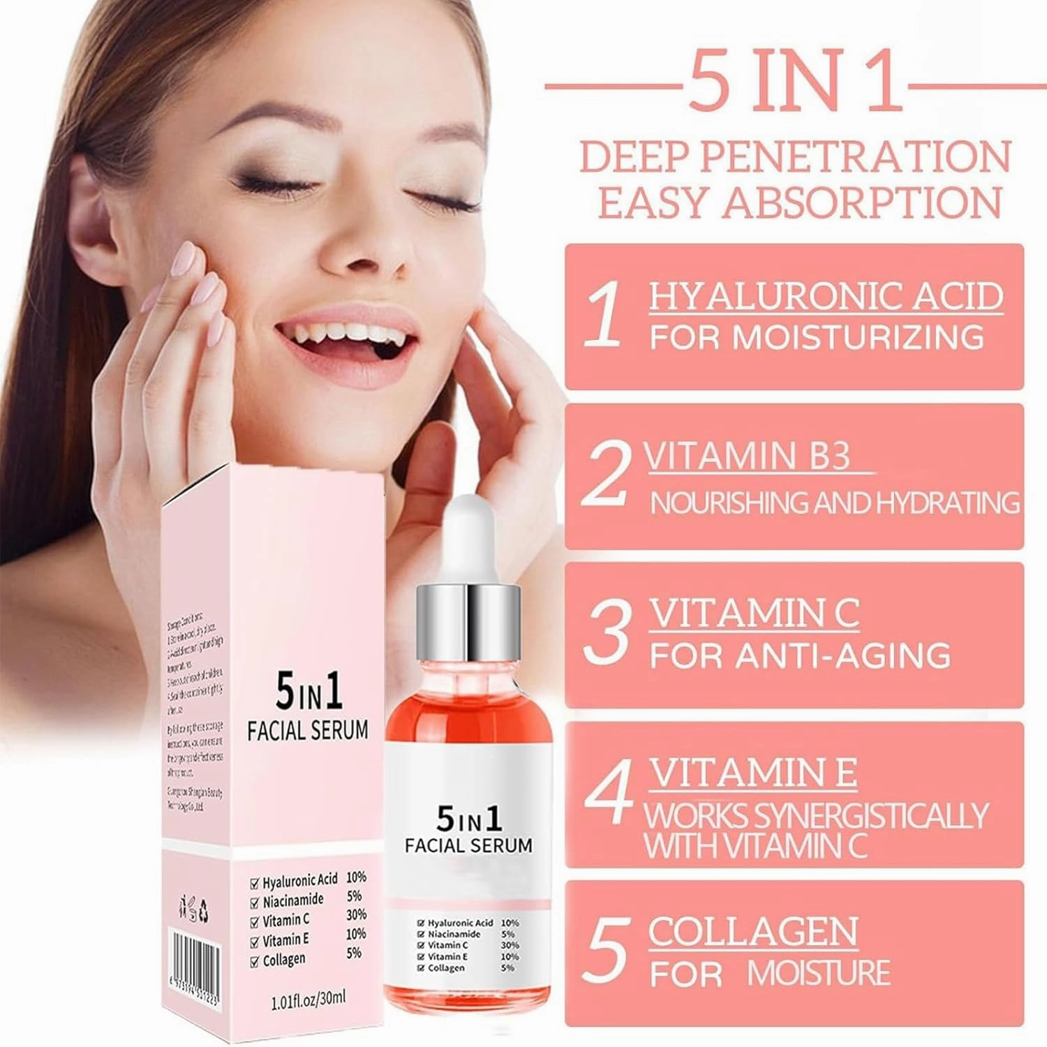 Finones Skin Vitamin Serum, 5 in 1 Anti Wrinkle Firming Serum, Lifting Firming Essence, Anti-Aging Moisturizer for Women, Nourishing and Hydrating, 30ml (2pcs)