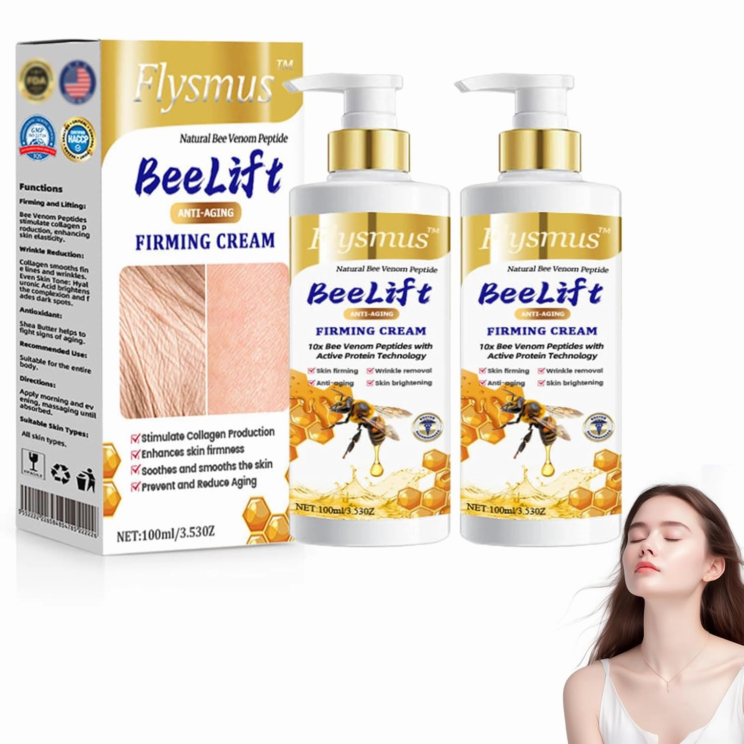 Firming Cream, Flysmus BeeLift Anti-Aging Firming Cream - 100ml, Bee Venom Peptide Firming Cream, 24-Hour Moisturizing Body Cream for all Skin Types (2PCS)