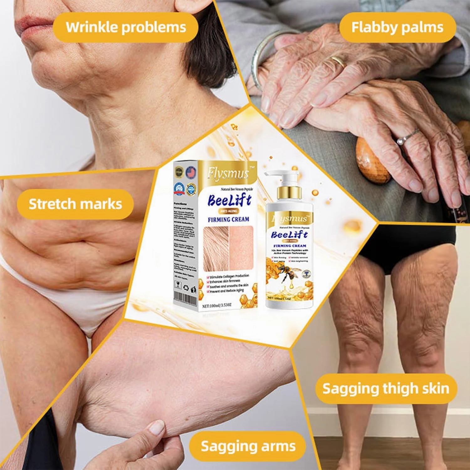 Firming Cream, Flysmus BeeLift Anti-Aging Firming Cream - 100ml, Bee Venom Peptide Firming Cream, 24-Hour Moisturizing Body Cream for all Skin Types (2PCS)