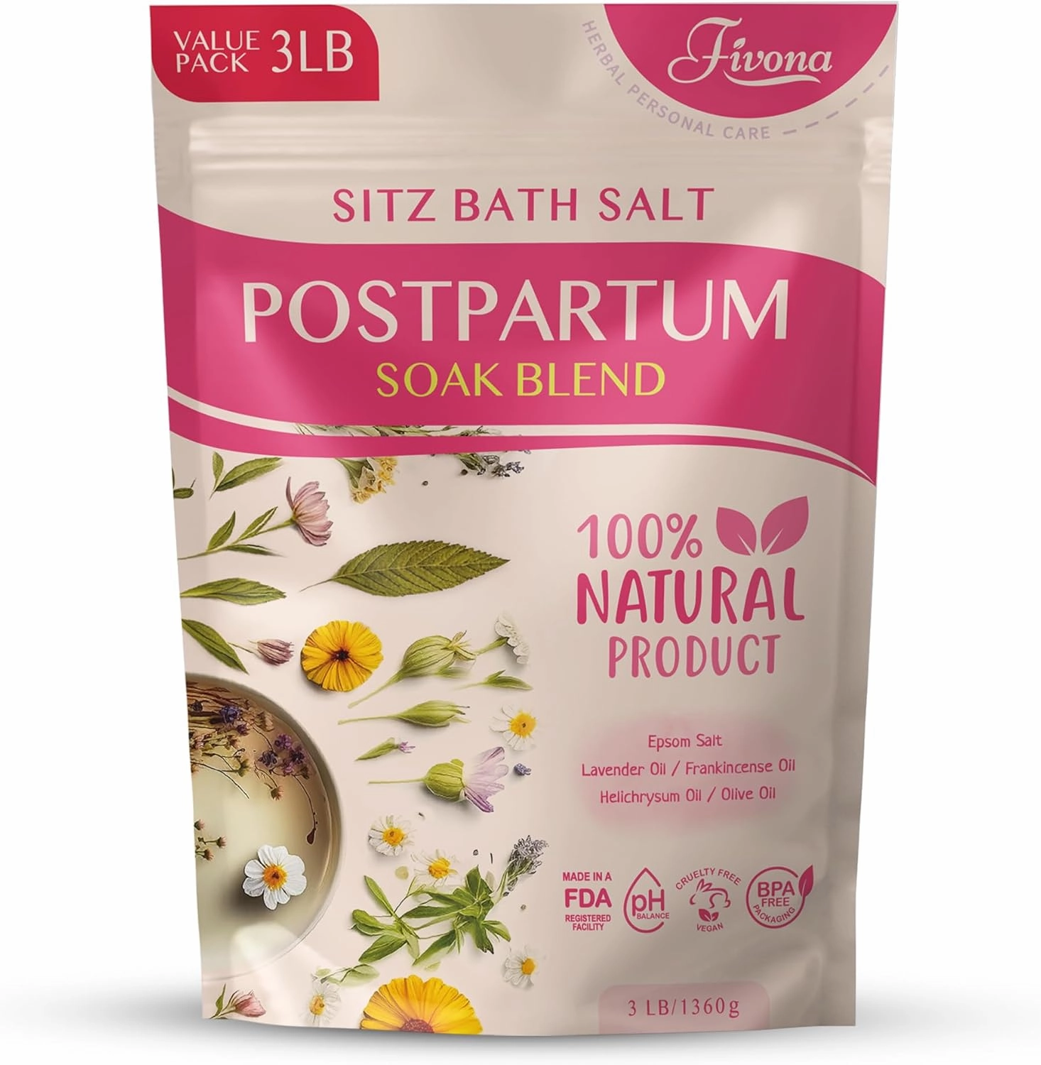 FIVONA Postpartum Soak Blend 48oz - Sitz Bath Salt Natural Soaking Blend - Epsom Salt with Pure Essentials Oils for Soothing Postpartum Recovery, Large Value Pack, Perineal Care