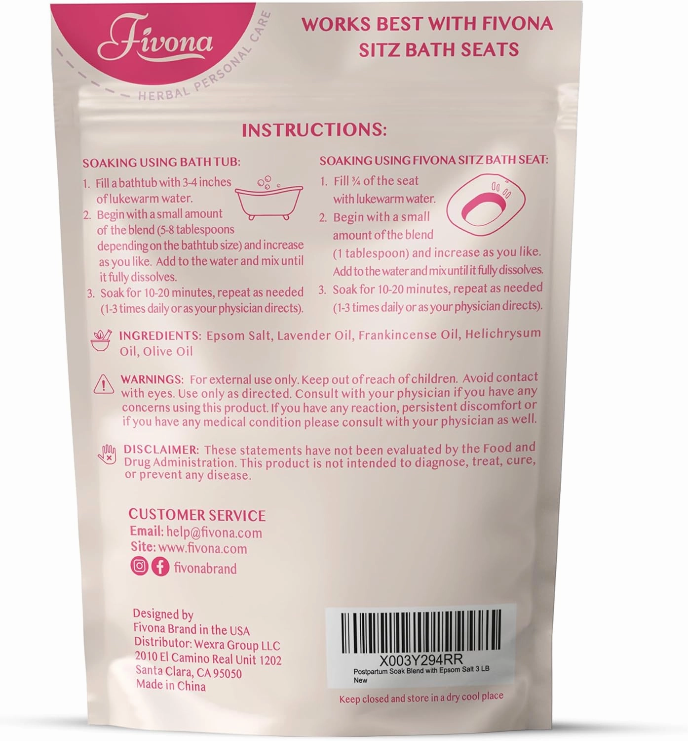 FIVONA Postpartum Soak Blend 48oz - Sitz Bath Salt Natural Soaking Blend - Epsom Salt with Pure Essentials Oils for Soothing Postpartum Recovery, Large Value Pack, Perineal Care