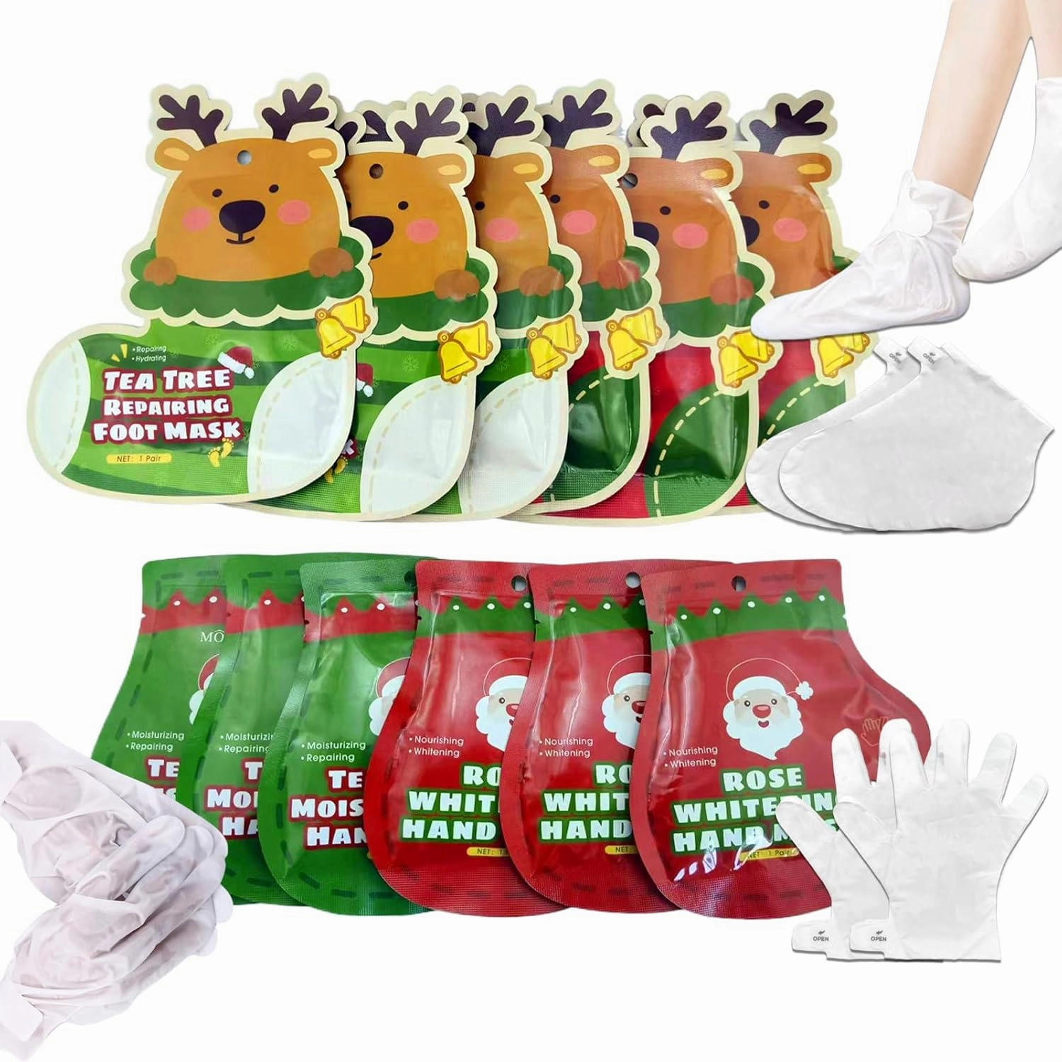 Foot Mask Hand Mask Hydrating Moisturizing 12 Packs Gloves & Socks Masks Intensive Repairing Masks Peeling Mask for Women Dry Cracked Set Coconut Oil Tea Tree Extract Elitzia ETXJ2409