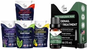 Foot Soak with Epsom Salts- Variety Pack of 4- Tea Tree Oil, Muscle Relief, Calming Lavender & Citrus Soak & Toenail Repair Solution
