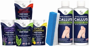 Foot Soak with Epsom Salts- Variety Pack of 4- Tea Tree Oil, Muscle Relief, Calming Lavender & Citrus Soak Callus Remover for Feet with Extra Strength Gel & Foot Pumice Stone Set