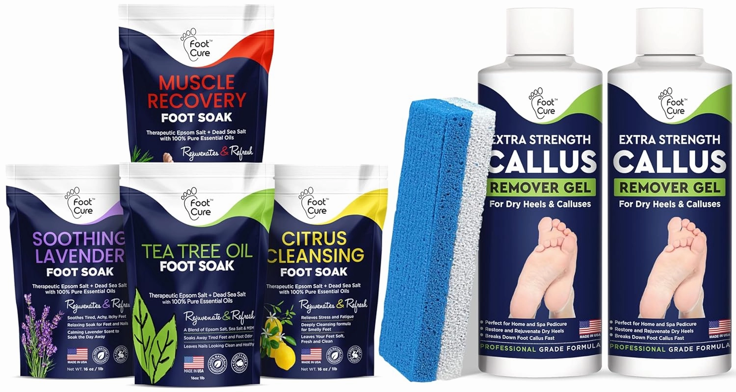 Foot Soak with Epsom Salts- Variety Pack of 4- Tea Tree Oil, Muscle Relief, Calming Lavender & Citrus Soak Callus Remover for Feet with Extra Strength Gel & Foot Pumice Stone Set
