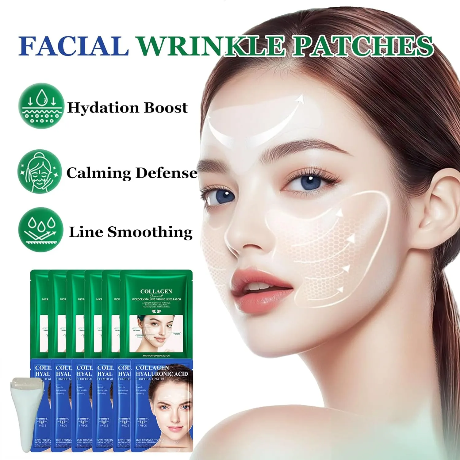 Forehead Wrinkle & Smile Line Patches with Ice Roller for Face, Eyes, Anti-Wrinkle Patches with Hyaluronic Acid & Collagen Face Mask for Women for Face Lifting & Hydration, Massage Under Eye Puffiness