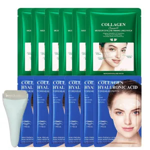 Forehead Wrinkle & Smile Line Patches with Ice Roller for Face, Eyes, Anti-Wrinkle Patches with Hyaluronic Acid & Collagen Face Mask for Women for Face Lifting & Hydration, Massage Under Eye Puffiness