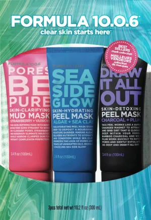 FORMULA 10.0.6 Face Mask Trio Collection Pouch Pores Be Pure, Sea Side Glow, Draw It All Out (300ml)