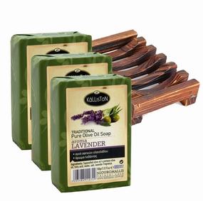French Lavender Soap Bar with Olive oil, All Skin Types, Nouishing and Moisturising, Bamboo Soap Dish Tray Included, Made in Greece, Pack of 3 1
