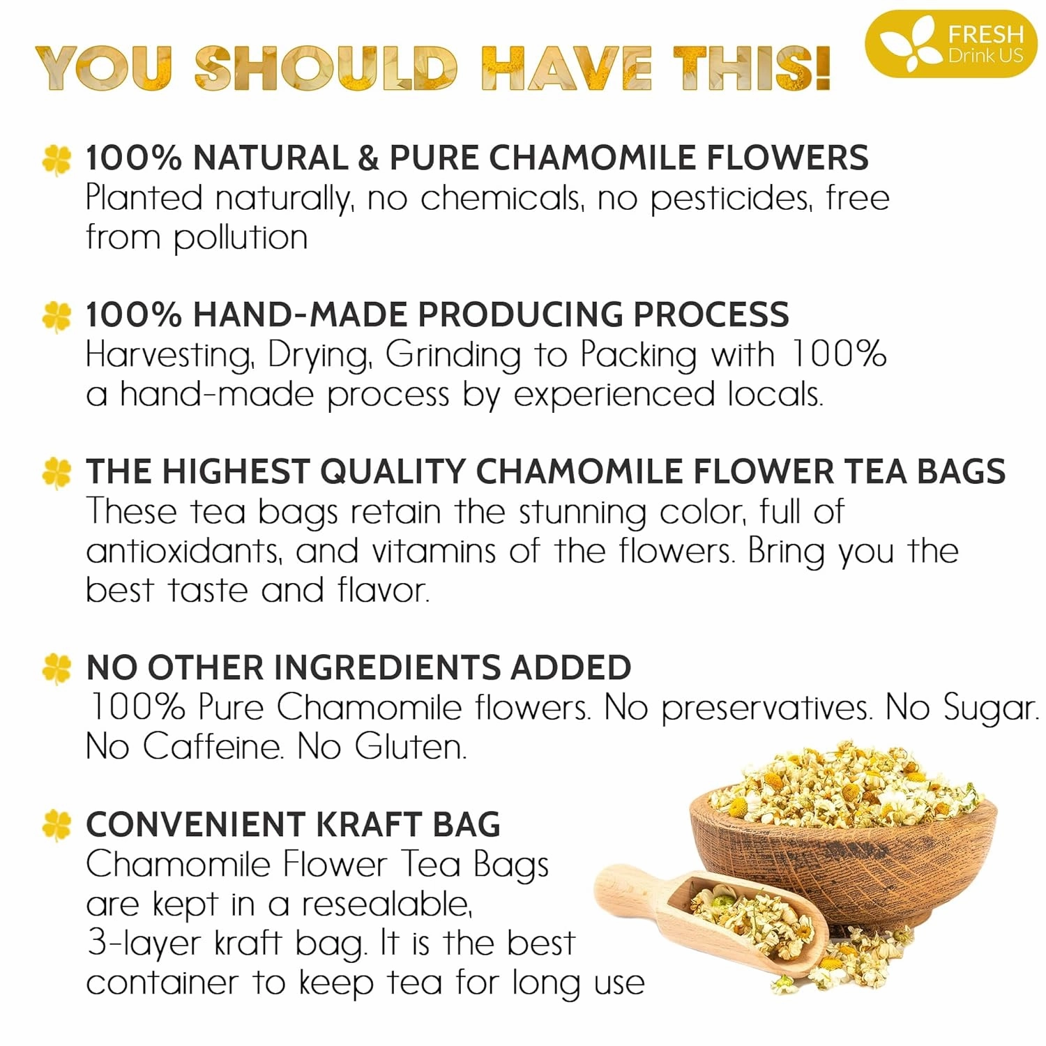 FRESHDRINKUS, Premium 135 Chamomile Tea Bags, 100% Natural and Pure Chamomile Flowers, Eco-conscious Tea Bags. Chamomile Flower Herbal Tea. No Sugar, No Caffeine, No Gluten, Vegan.