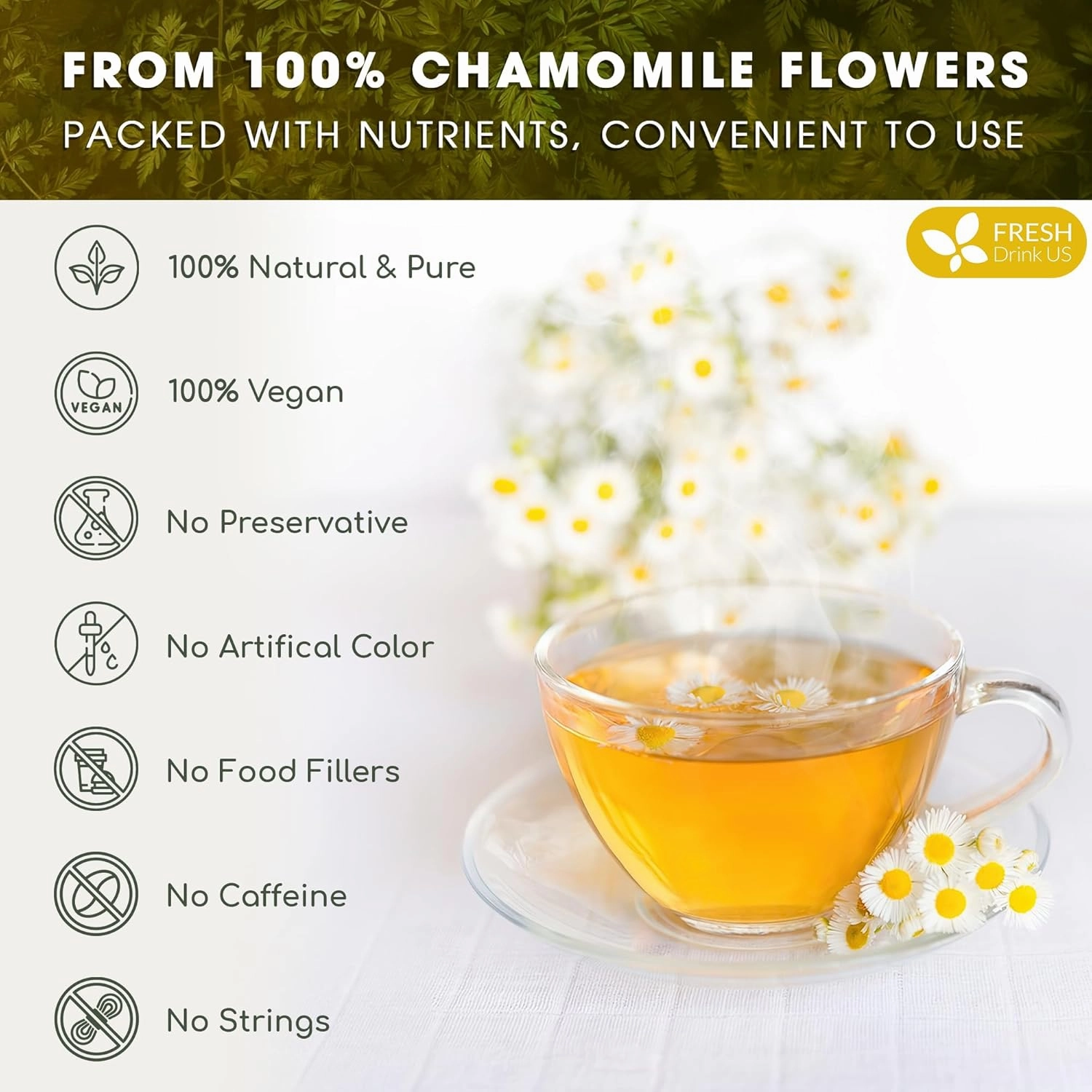 FRESHDRINKUS, Premium 135 Chamomile Tea Bags, 100% Natural and Pure Chamomile Flowers, Eco-conscious Tea Bags. Chamomile Flower Herbal Tea. No Sugar, No Caffeine, No Gluten, Vegan.