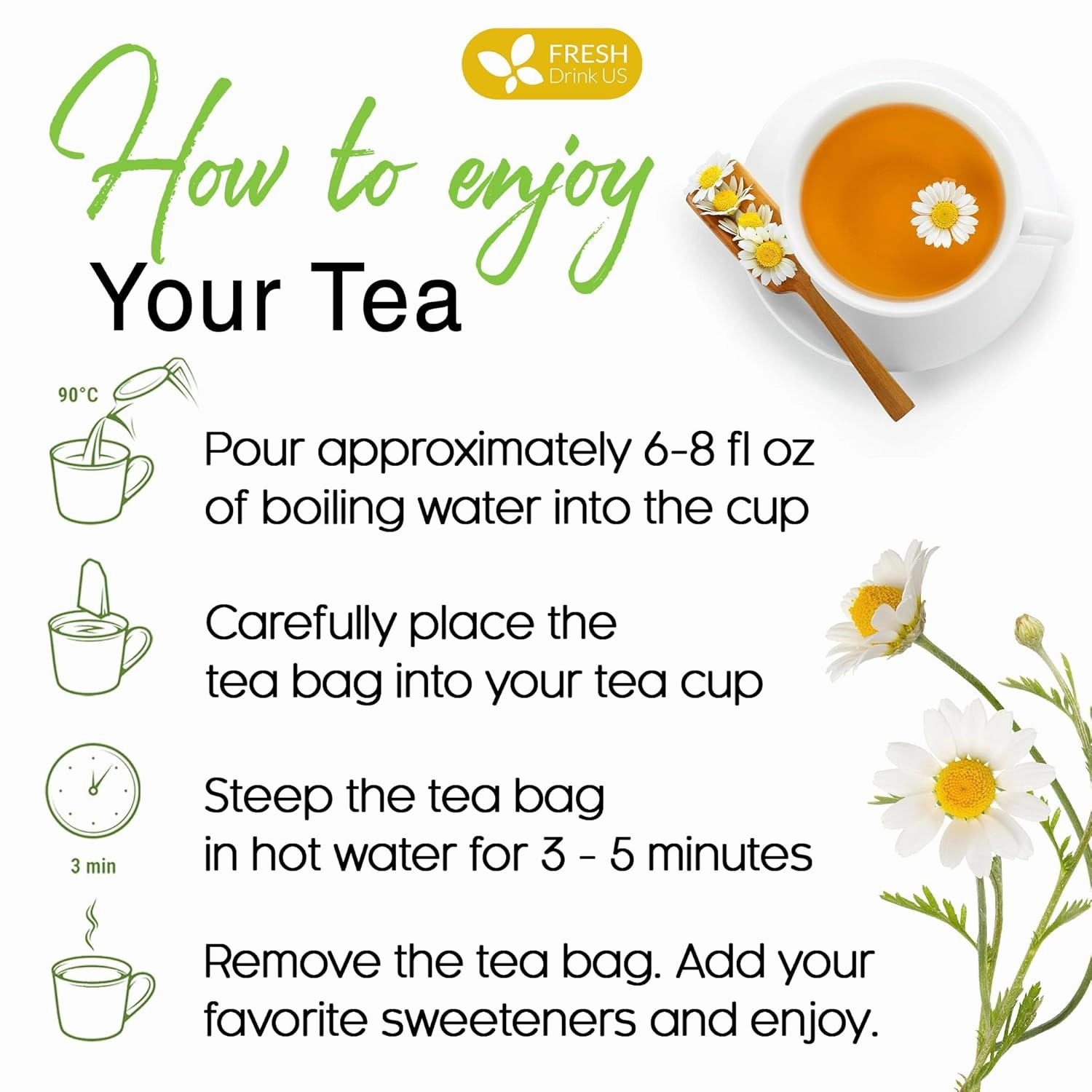 FRESHDRINKUS, Premium 135 Chamomile Tea Bags, 100% Natural and Pure Chamomile Flowers, Eco-conscious Tea Bags. Chamomile Flower Herbal Tea. No Sugar, No Caffeine, No Gluten, Vegan.
