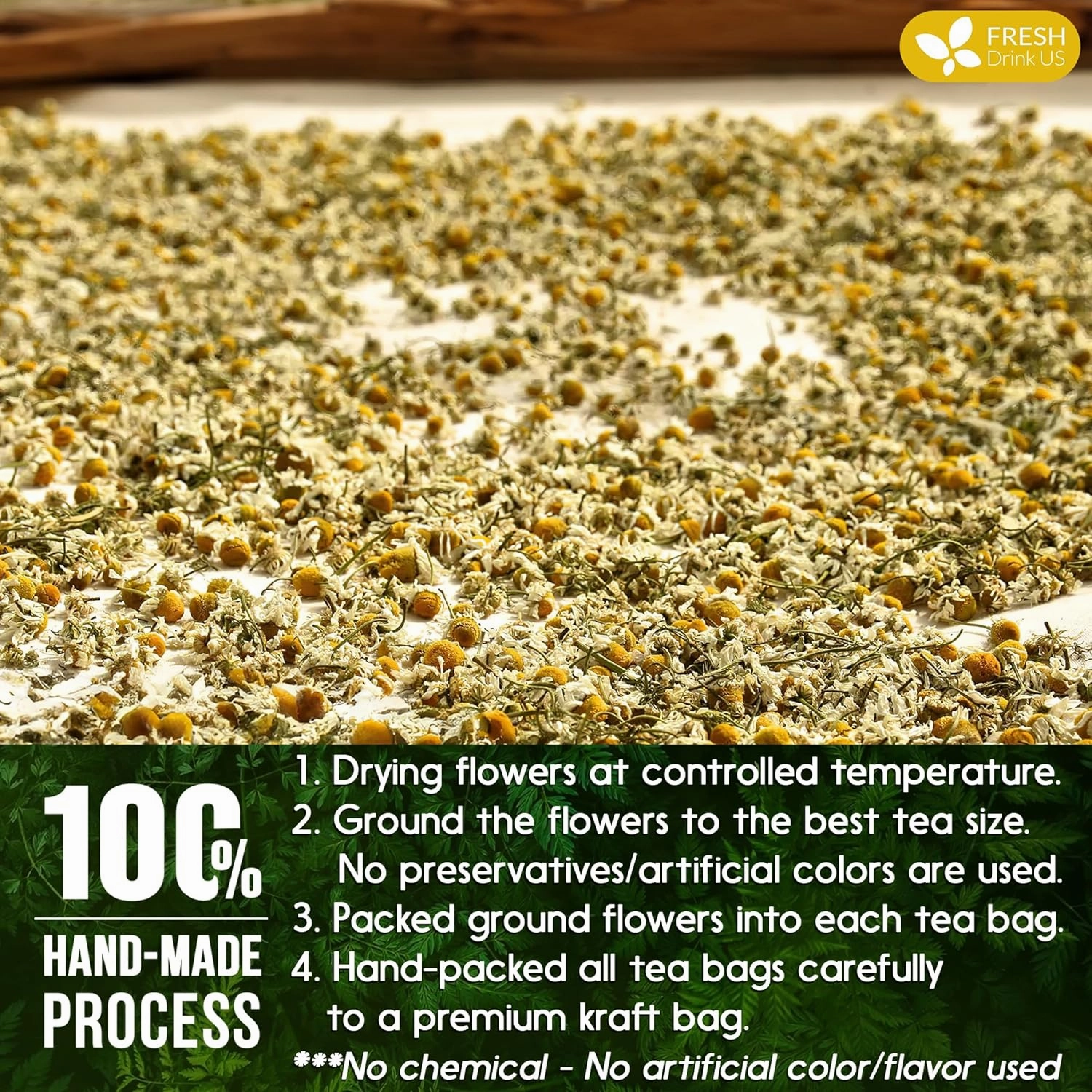 FRESHDRINKUS, Premium 135 Chamomile Tea Bags, 100% Natural and Pure Chamomile Flowers, Eco-conscious Tea Bags. Chamomile Flower Herbal Tea. No Sugar, No Caffeine, No Gluten, Vegan.