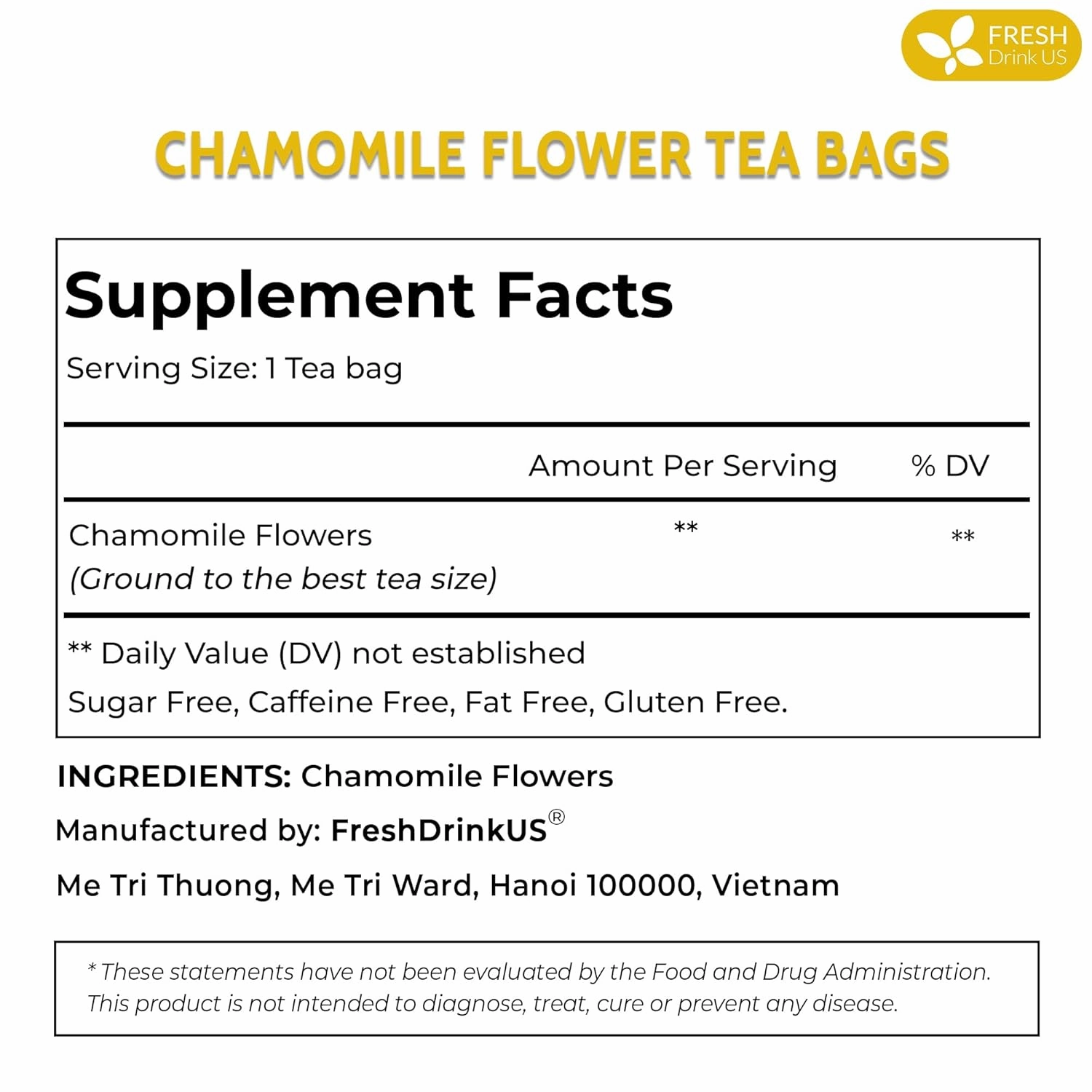 FRESHDRINKUS, Premium 135 Chamomile Tea Bags, 100% Natural and Pure Chamomile Flowers, Eco-conscious Tea Bags. Chamomile Flower Herbal Tea. No Sugar, No Caffeine, No Gluten, Vegan.