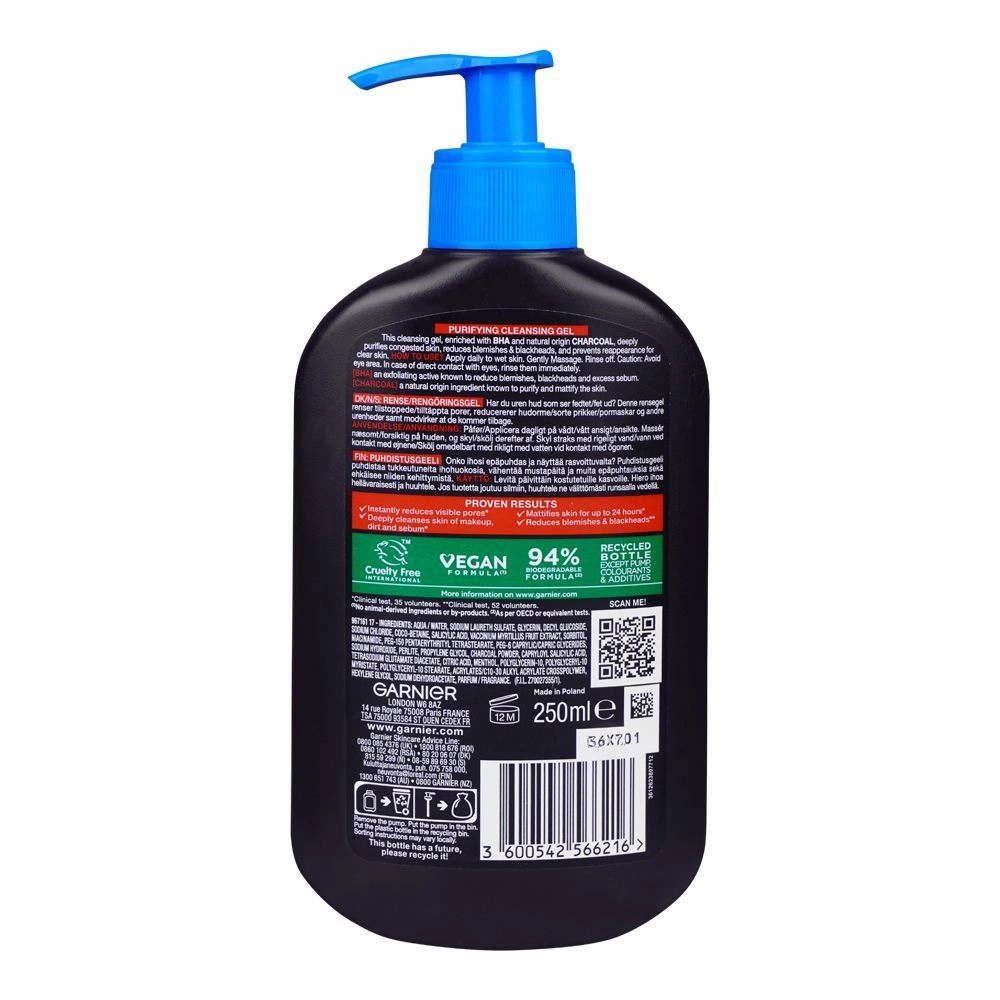 Garnier Skin Active BHA Salicylic Acid Charcoal Anti-Blackhead Purifying Cleanser, 250ml