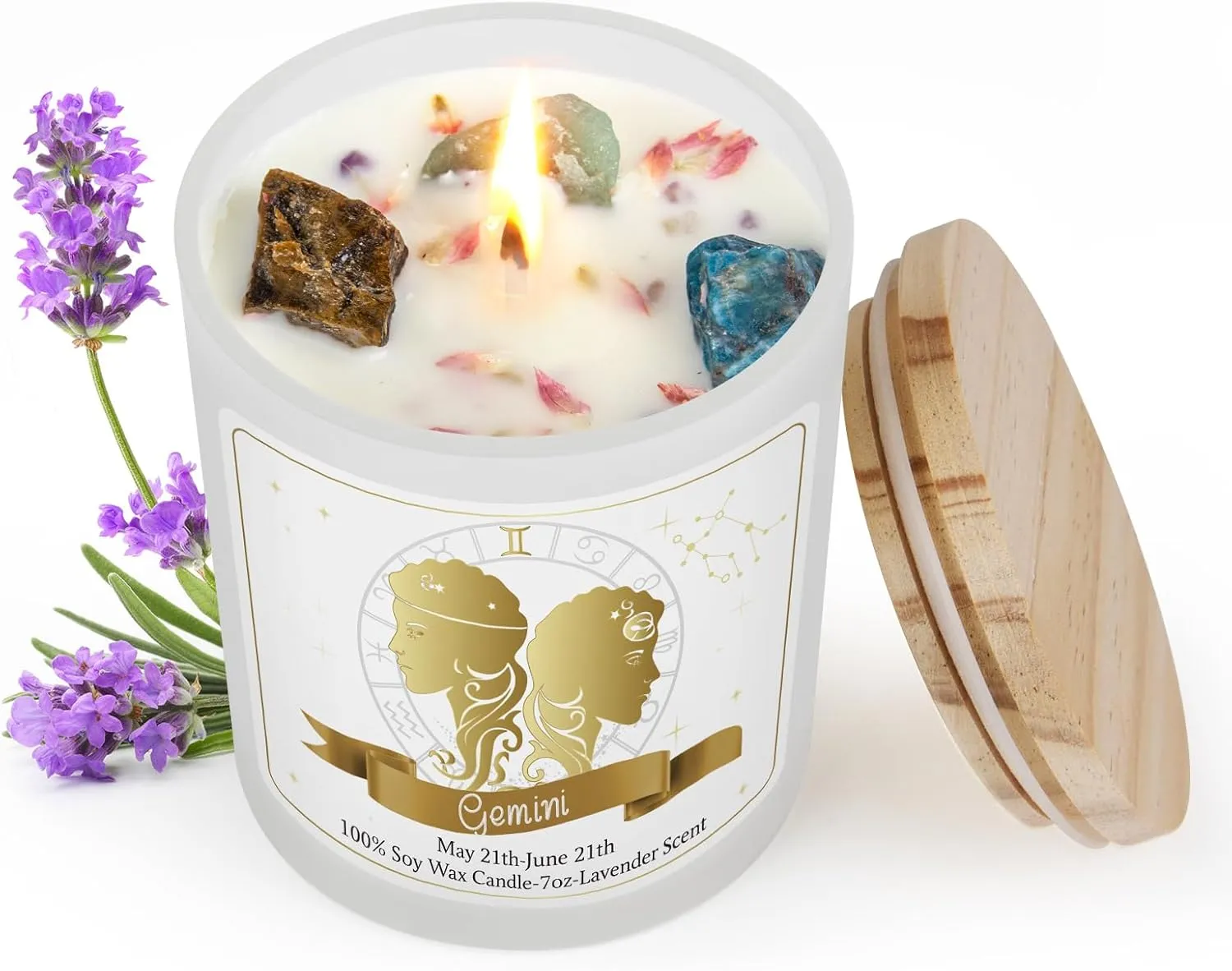 Gemini Gifts for Women, Healing Zodiac Candles with Crystals Gemini Gifts Lavender Scent Cotton Wick Soy Wax for Birthday Meditation Yoga