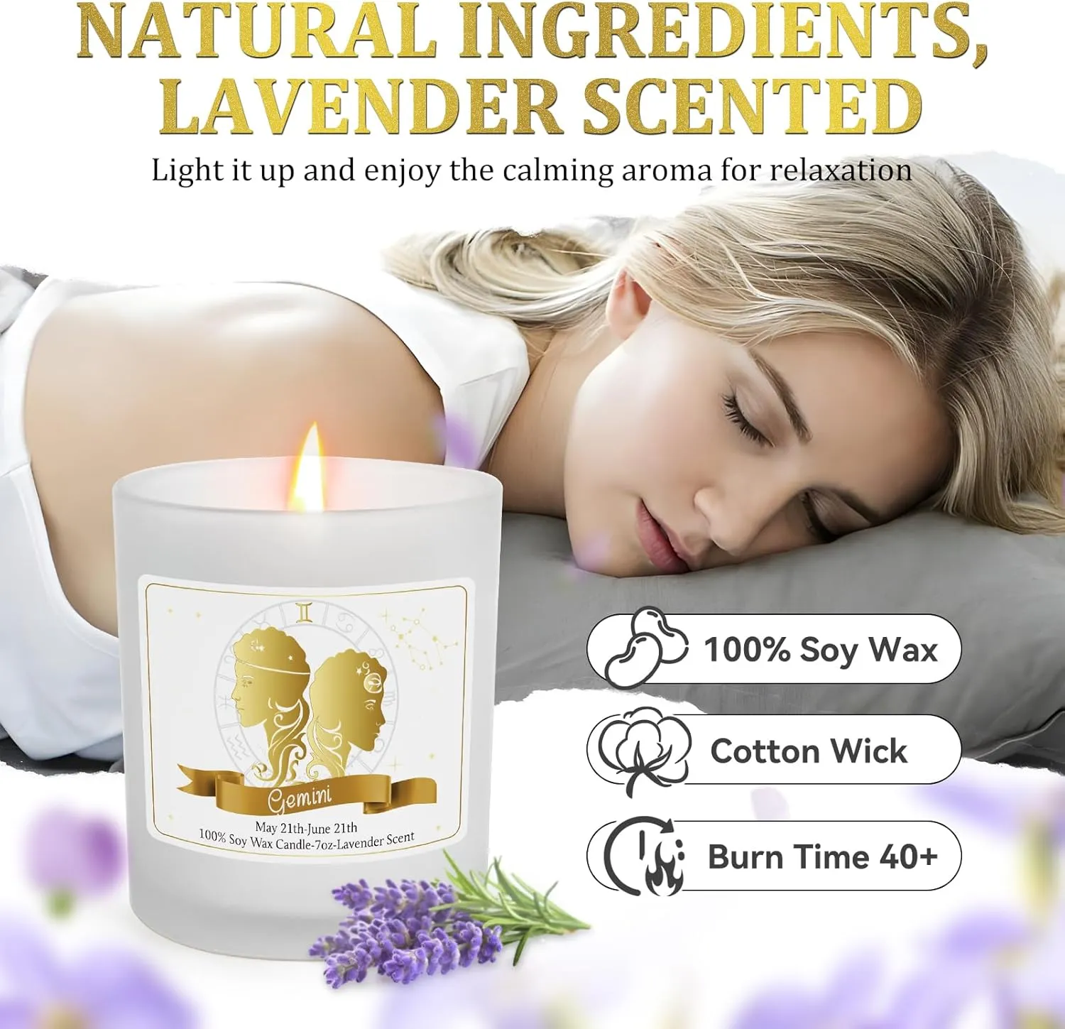 Gemini Gifts for Women, Healing Zodiac Candles with Crystals Gemini Gifts Lavender Scent Cotton Wick Soy Wax for Birthday Meditation Yoga