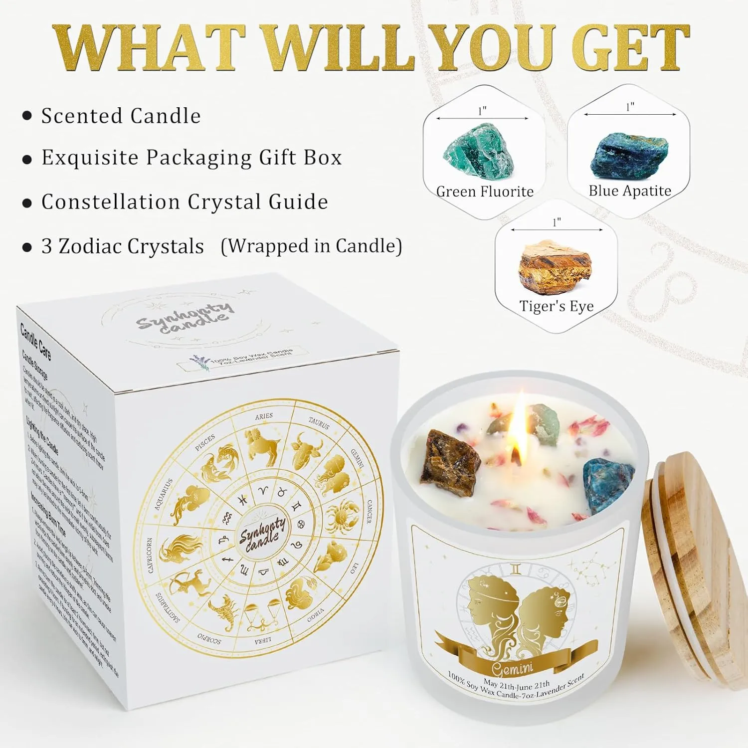Gemini Gifts for Women, Healing Zodiac Candles with Crystals Gemini Gifts Lavender Scent Cotton Wick Soy Wax for Birthday Meditation Yoga