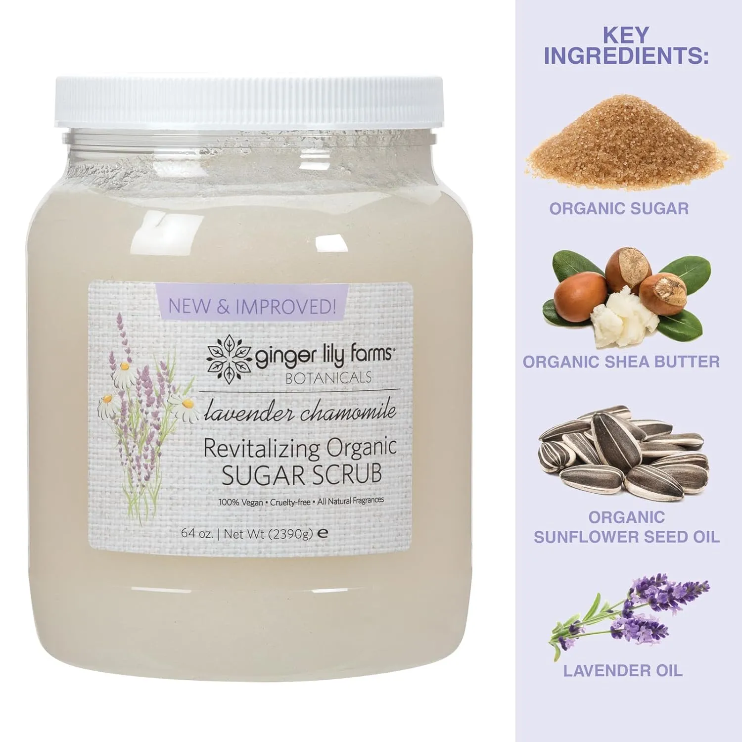 Ginger Lily Farms Botanicals Revitalizing Organic Sugar Scrub, All-Natural Skin Exfoliating Sugar Crystals, 100% Vegan & Cruelty-Free, Lavender Chamomile, 64 oz.