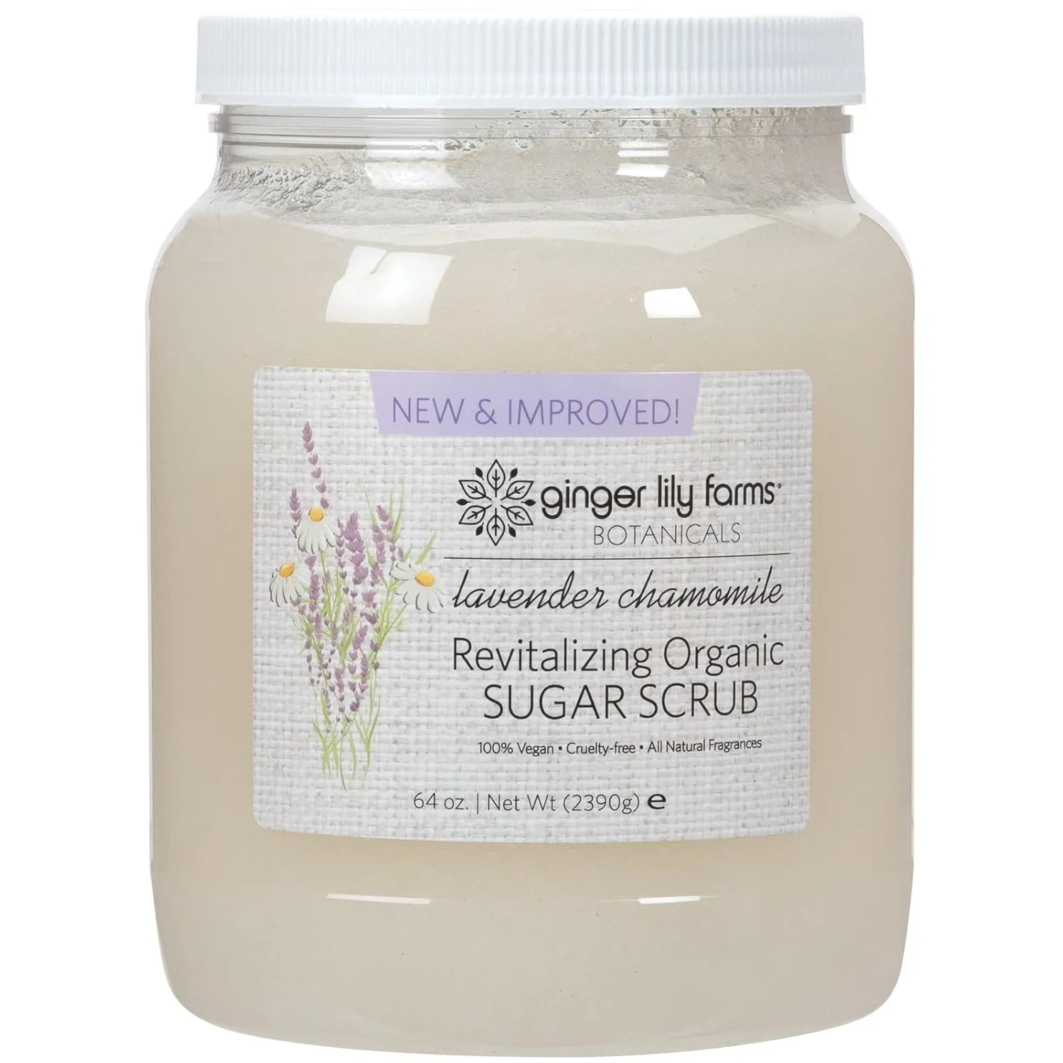 Ginger Lily Farms Botanicals Revitalizing Organic Sugar Scrub, All-Natural Skin Exfoliating Sugar Crystals, 100% Vegan & Cruelty-Free, Lavender Chamomile, 64 oz.