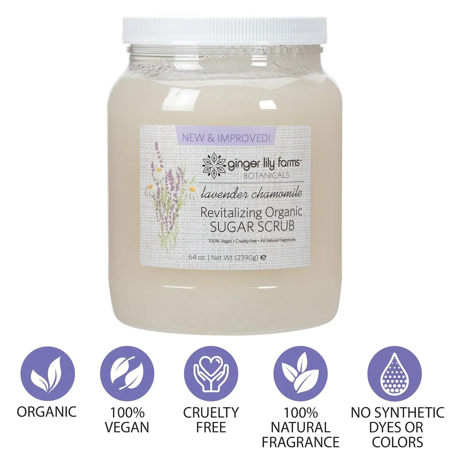 Ginger Lily Farms Botanicals Revitalizing Organic Sugar Scrub, All-Natural Skin Exfoliating Sugar Crystals, 100% Vegan & Cruelty-Free, Lavender Chamomile, 64 oz.