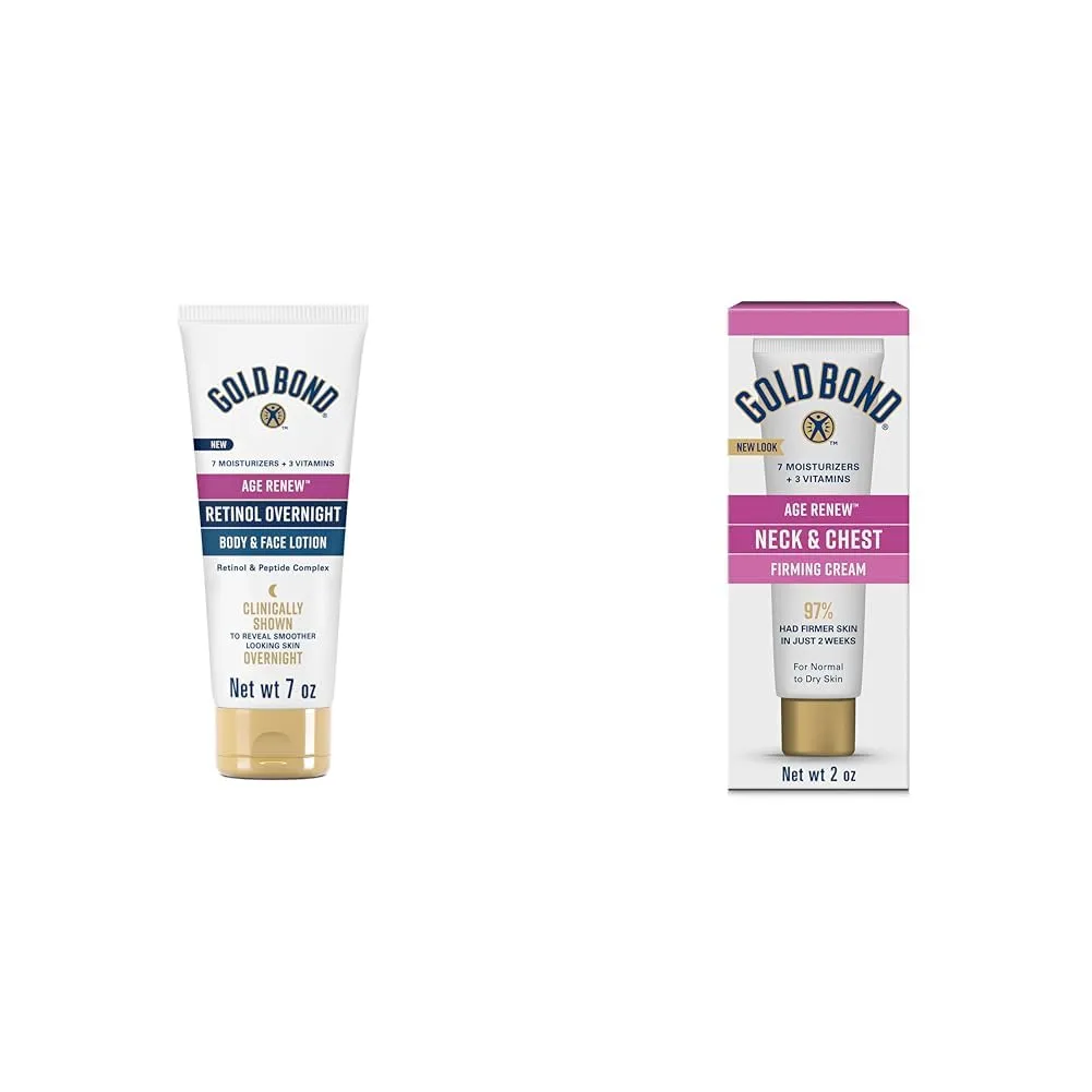 Gold Bond Age Renew Retinol Overnight Body & Face Lotion, with Retinol & Peptide Complex, 7 oz. & Age Renew Neck & Chest Firming Cream, 2 oz., Clinically Tested Skin Firming Cream