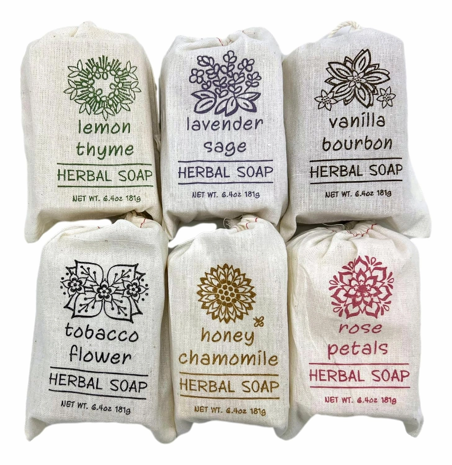 Greenwich Bay Trading Co. Herbal Bar Soap Set, 6 Scents, 6.4 Oz Each - Lemon Thyme, Lavender Sage, Vanilla Bourbon, Tobacco Flower, Honey Chamomile, Rose Petals