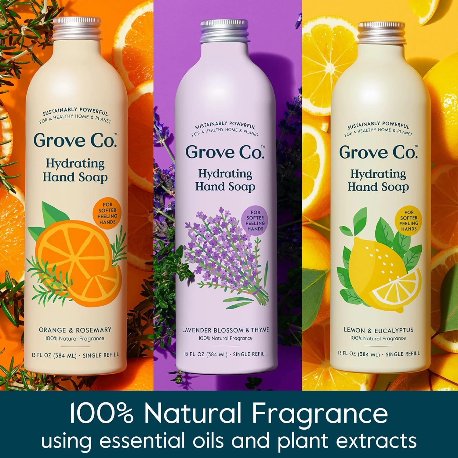 Grove Co. Hydrating Gel Hand Soap Refills (3 x 13 Fl Oz) Plastic-Free Liquid Hands Cleaner Refill Set, 100% Natural Lemon & Eucalyptus   Lavender & Thyme   Orange & Rosemary Fragrance