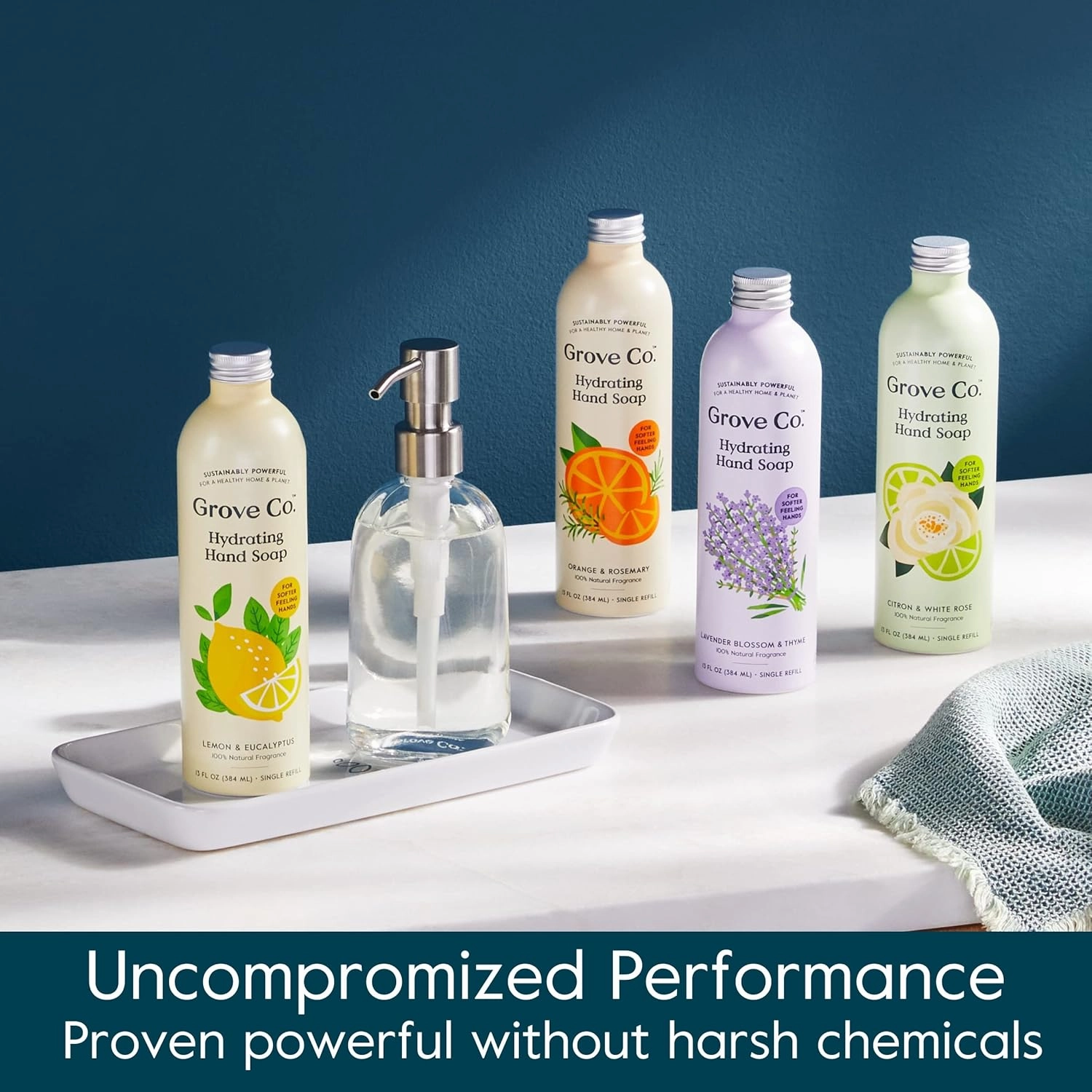 Grove Co. Hydrating Gel Hand Soap Refills (3 x 13 Fl Oz) Plastic-Free Liquid Hands Cleaner Refill Set, 100% Natural Lemon & Eucalyptus   Lavender & Thyme   Orange & Rosemary Fragrance