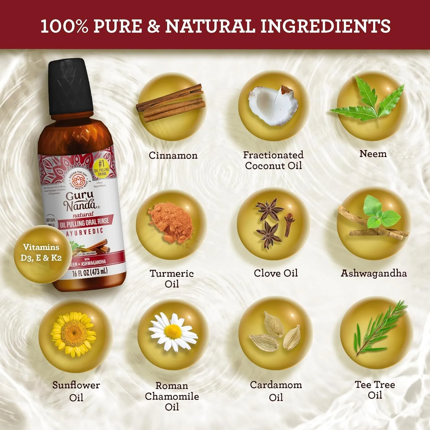 GuruNanda Ashwagandha Oil Pulling with Neem, & Pure Essential Oils (16 Fl Oz) - Ayurveda-Inspired Formula for Daily Oral Care - Alcohol & Fluoride Free
