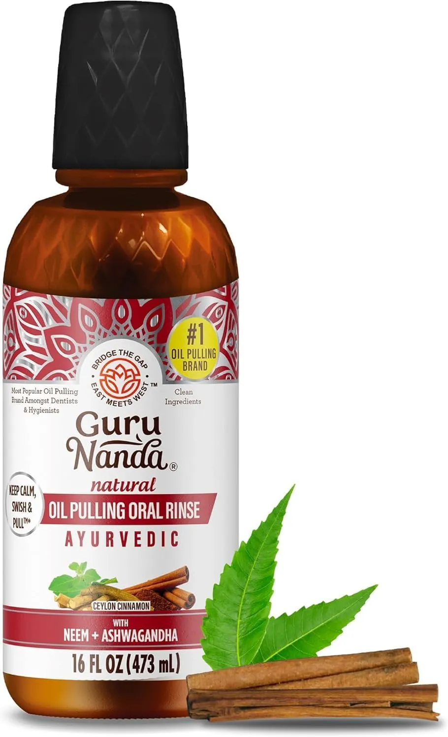 GuruNanda Ashwagandha Oil Pulling with Neem, & Pure Essential Oils (16 Fl Oz) - Ayurveda-Inspired Formula for Daily Oral Care - Alcohol & Fluoride Free