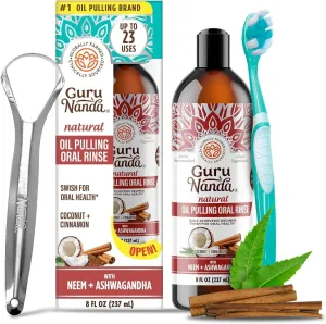 GuruNanda Ashwagandha Oil Pulling with Neem & Roman Chamomile, for Fresh Breath and Happy Gums, Alcohol & Flouride-Free Essential Oil Oral Rinse with Toothbrush & Tongue Scraper, 8 Oz