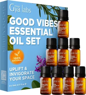Gya Labs Good Vibes Essential Oil Set, Essential Oils for Diffusers, Self-Care, Skin, Candle Making & Gift Set - Peppermint, Rosemary, Rose Geranium, Lemongrass, Roman Chamomile - 8 x 0.17 fl oz