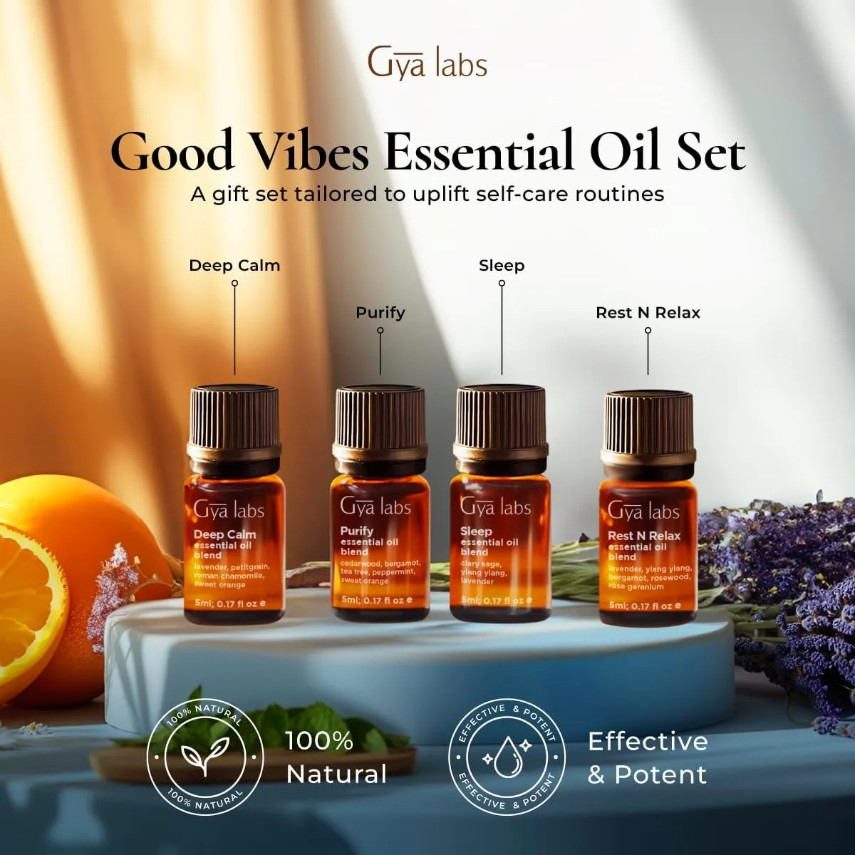 Gya Labs Good Vibes Essential Oil Set, Essential Oils for Diffusers, Self-Care, Skin, Candle Making & Gift Set - Peppermint, Rosemary, Rose Geranium, Lemongrass, Roman Chamomile - 8 x 0.17 fl oz