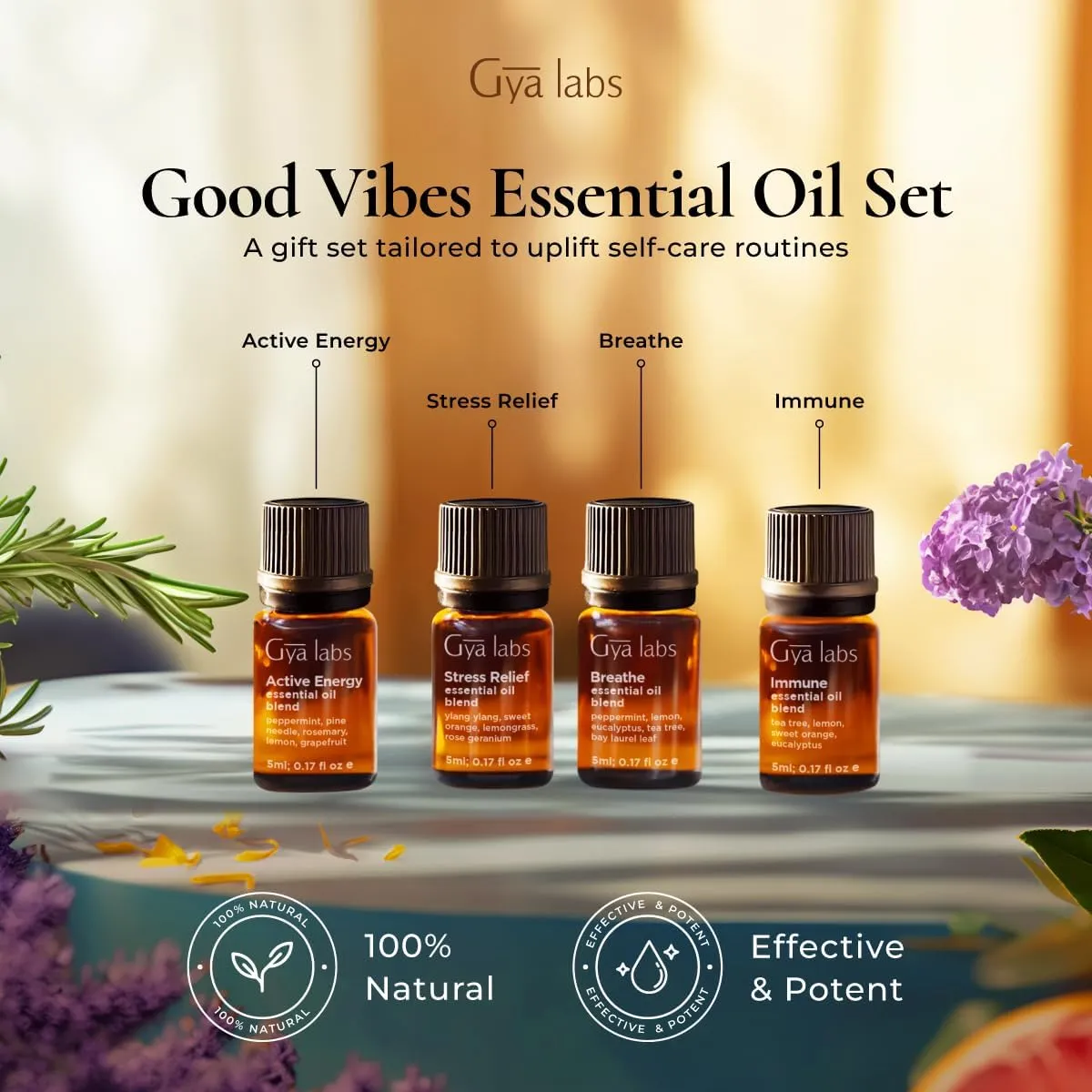 Gya Labs Good Vibes Essential Oil Set, Essential Oils for Diffusers, Self-Care, Skin, Candle Making & Gift Set - Peppermint, Rosemary, Rose Geranium, Lemongrass, Roman Chamomile - 8 x 0.17 fl oz